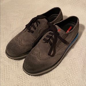 Prada Mens Wingtip Sneakers Gray Suede Blue Stripe